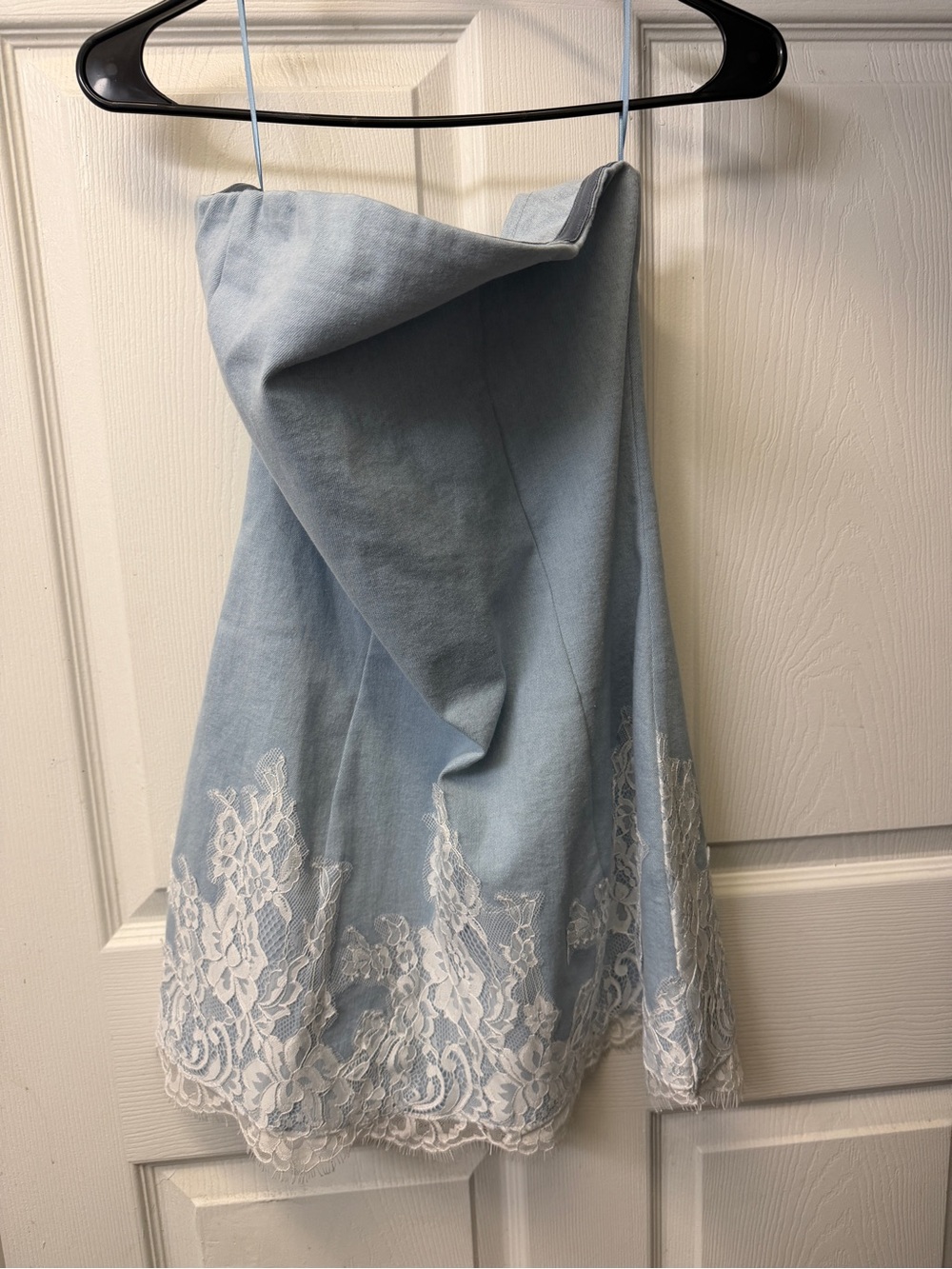 Luxe Light Blue Mini Dress with White Lace Hem